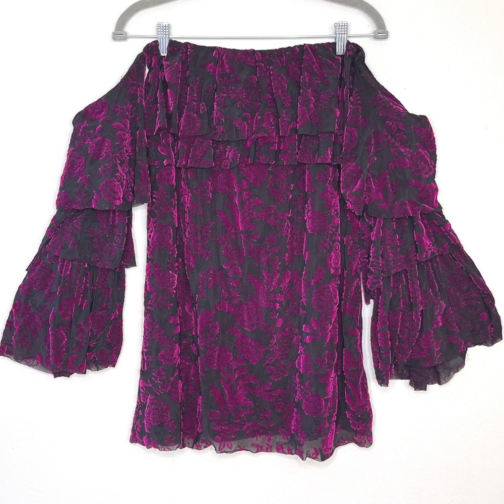 Forever 21 Contemporary Off-Shoulder Velvet‎ Burnout Floral Ruffles Renaissance